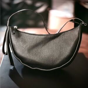 Minimalist Black Pebbled Leather Crescent Clutch